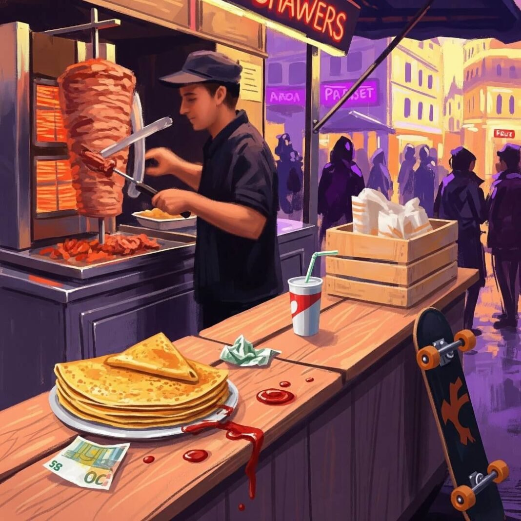 A vendor slicing shawarma at a market stall.