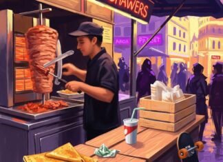 Cheap Eats in Paris: Best Street Food Under €10 A vendor slicing shawarma at a market stall.