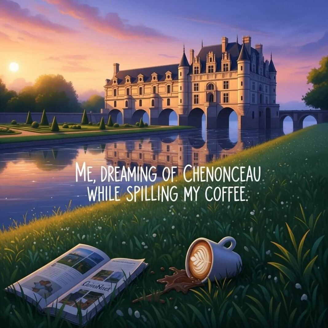 Château de Chenonceau at golden hour with spilled latte.