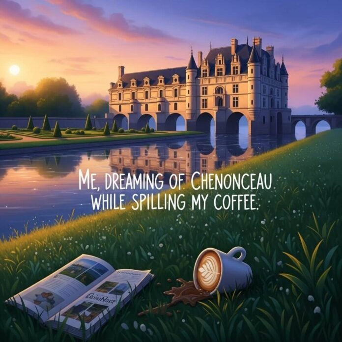 Château de Chenonceau at golden hour with spilled latte.