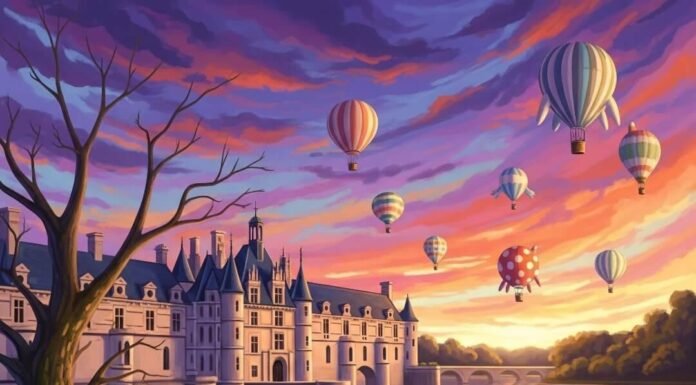 Loire Valley Castles: A Fairytale Journey Through France Impressionistic castle at sunset with bike, path, and hot air balloons.
