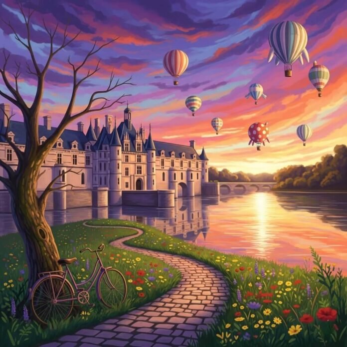 Impressionistic castle at sunset with bike, path, and hot air balloons.