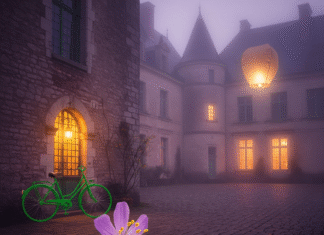 Hidden Loire Castles You Can Stay Overnight In Misty castle, glowing windows, bicycle, flower, lantern.