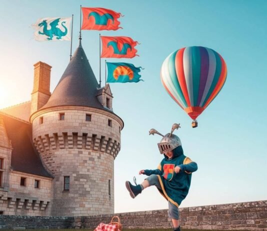 Best Loire Castles for Families and Kids Castle turret, knight kid tripping, picnic, hot air balloon.