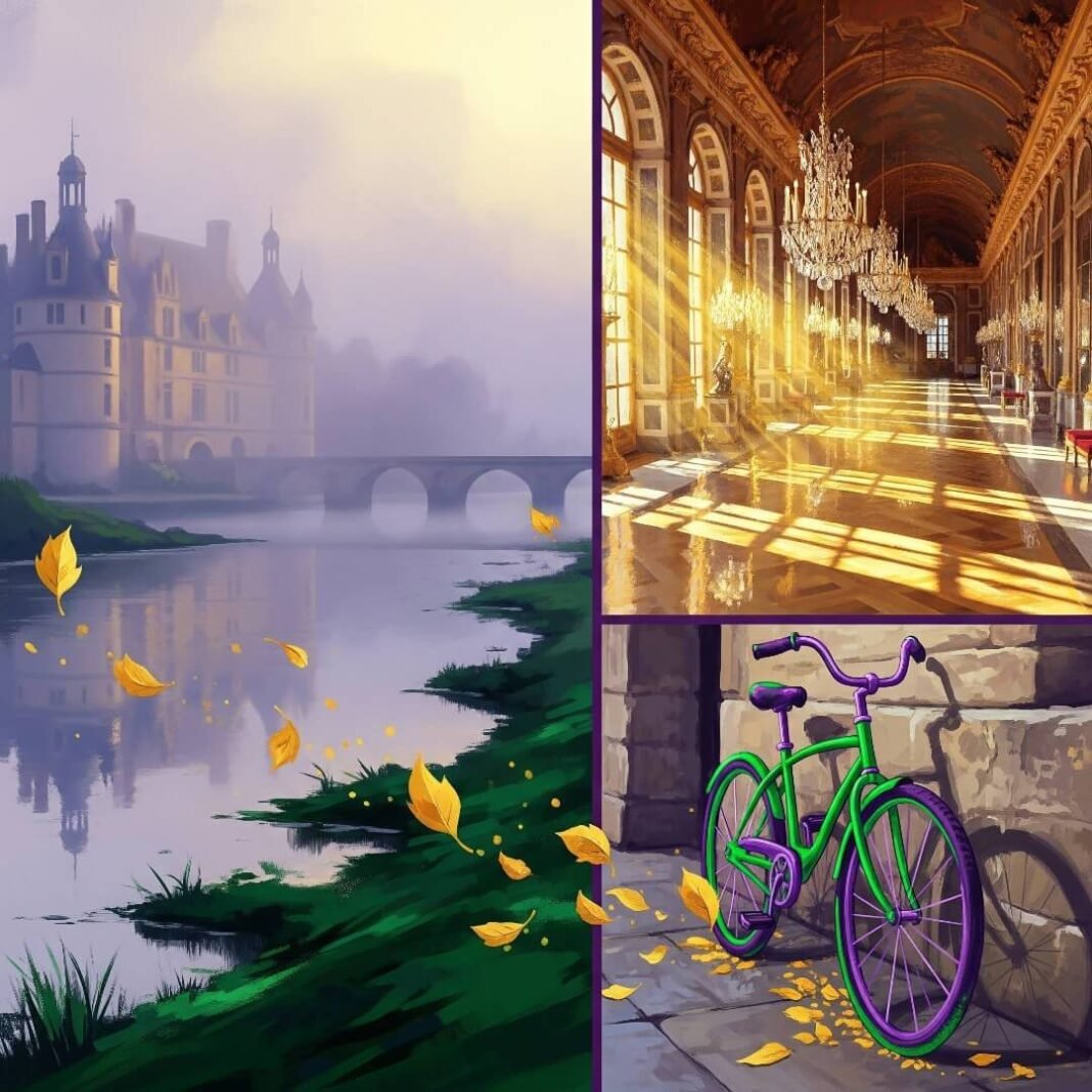 Loire castle, foggy river, Versailles hallway, bike.