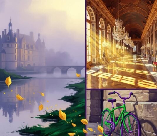 Loire Castles vs Versailles: Which Is Worth Visiting? Loire castle, foggy river, Versailles hallway, bike.
