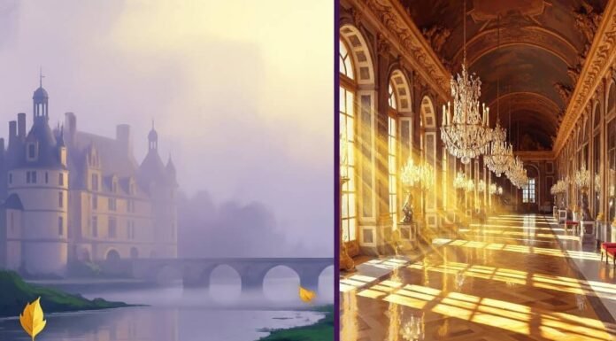 Loire Castles vs Versailles: Which Is Worth Visiting? Loire castle, foggy river, Versailles hallway, bike.