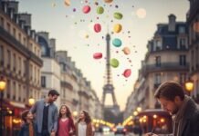 Top 7 Safe Paris Areas for Families & Solo Travelers Paris street with Eiffel Tower and floating macarons.