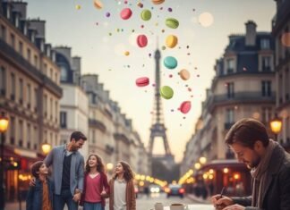 Top 7 Safe Paris Areas for Families & Solo Travelers Paris street with Eiffel Tower and floating macarons.