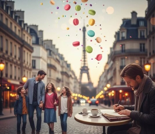 Top 7 Safe Paris Areas for Families & Solo Travelers Paris street with Eiffel Tower and floating macarons.