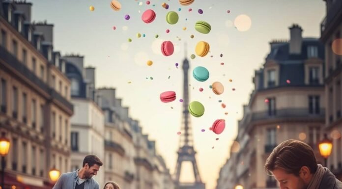 Top 7 Safe Paris Areas for Families & Solo Travelers Paris street with Eiffel Tower and floating macarons.