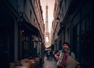 Safe Paris Areas Near Eiffel Tower & Top Attractions Eiffel Tower through alley, accordion player, café chairs.