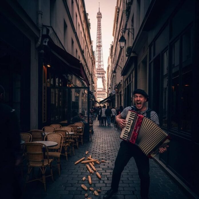 Eiffel Tower through alley, accordion player, café chairs.