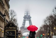 Paris Travel Safety: Avoid These Spots, Stay Here Instead Red umbrella, Eiffel Tower, bicycle, rainy Paris street.