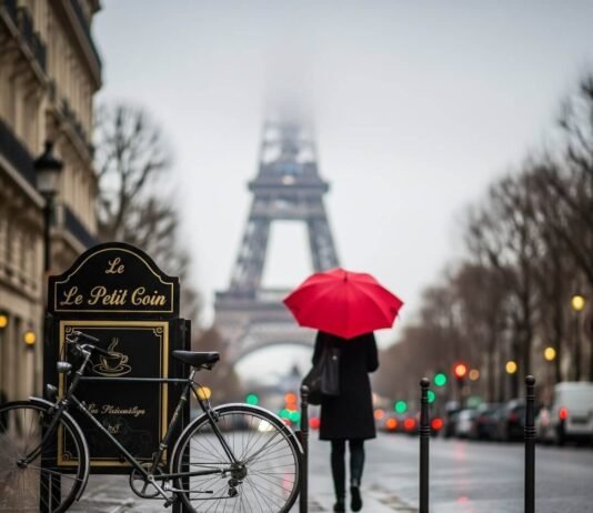Paris Travel Safety: Avoid These Spots, Stay Here Instead Red umbrella, Eiffel Tower, bicycle, rainy Paris street.
