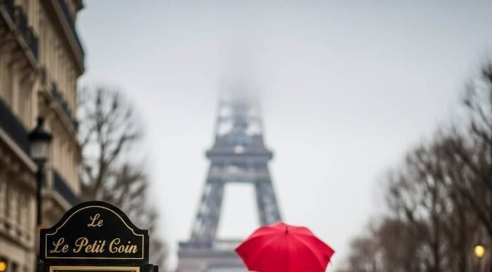 Paris Travel Safety: Avoid These Spots, Stay Here Instead Red umbrella, Eiffel Tower, bicycle, rainy Paris street.