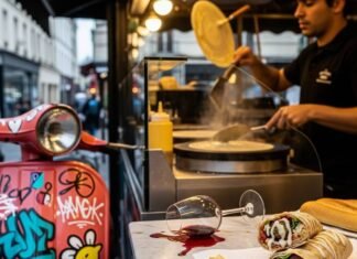 Why Paris Street Food is Taking Over Fine Dining in 2025 A vendor flipping a crepe at a street stall.