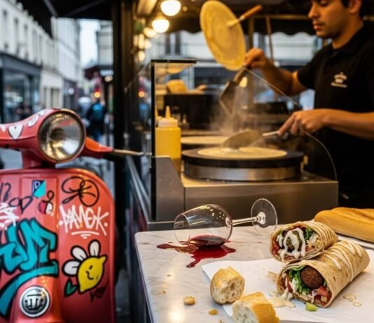 Why Paris Street Food is Taking Over Fine Dining in 2025 A vendor flipping a crepe at a street stall.