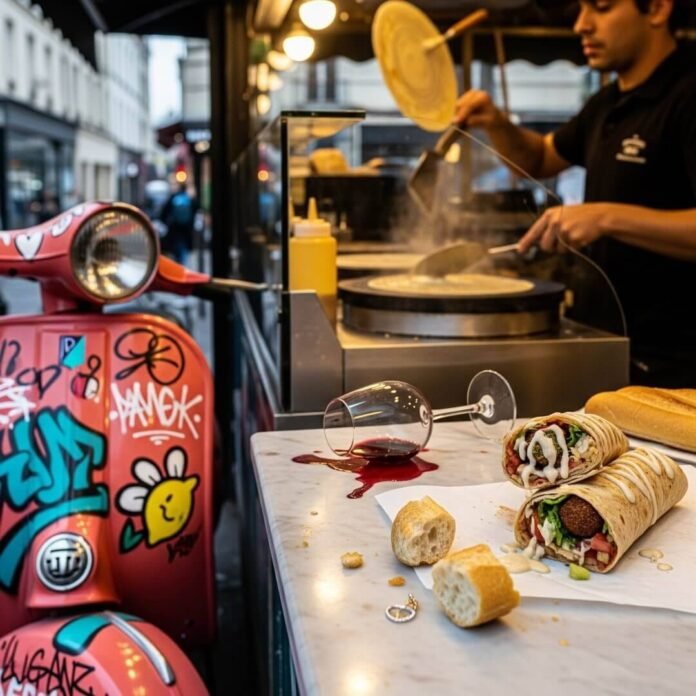 A vendor flipping a crepe at a street stall.