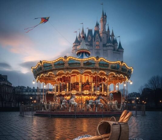 Top 10 Family-Friendly Destinations in France Parisian carousel at dusk with picnic basket and castle.
