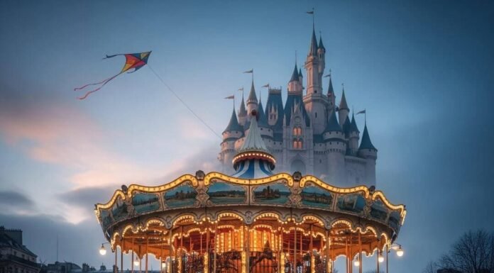 Top 10 Family-Friendly Destinations in France Parisian carousel at dusk with picnic basket and castle.