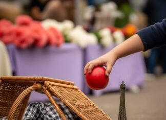 France with Kids: Best Family-Friendly Activities Child's hand reaching for apple, picnic basket, Eiffel Tower.