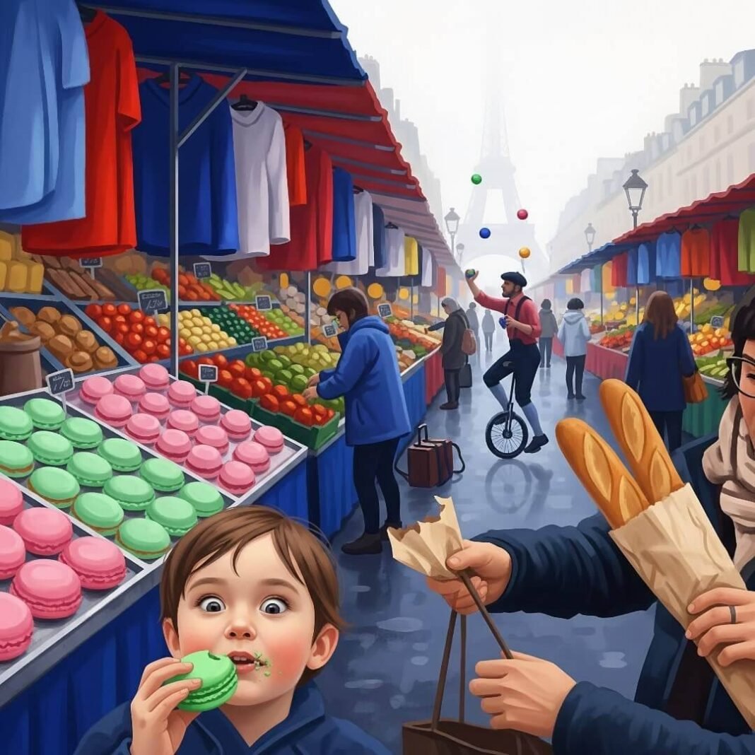 Kid with macaron at blurry Parisian market.