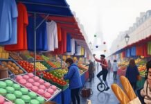 Family-Friendly France: Where to Stay & What to Do Kid with macaron at blurry Parisian market.