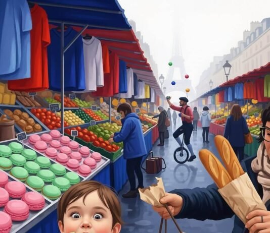 Family-Friendly France: Where to Stay & What to Do Kid with macaron at blurry Parisian market.