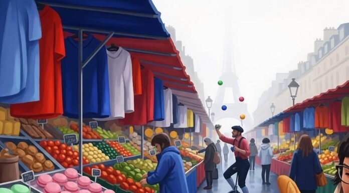 Family-Friendly France: Where to Stay & What to Do Kid with macaron at blurry Parisian market.