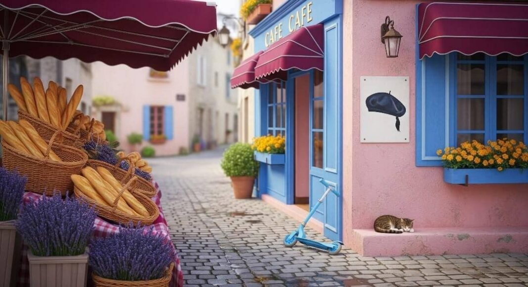 French village street: baguettes, lavender, scooter, cat, painted beret.