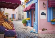 Hidden Family-Friendly Spots in France You’ll Love French village street: baguettes, lavender, scooter, cat, painted beret.