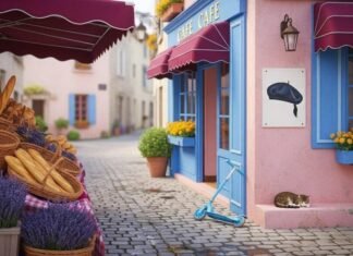 Hidden Family-Friendly Spots in France You’ll Love French village street: baguettes, lavender, scooter, cat, painted beret.