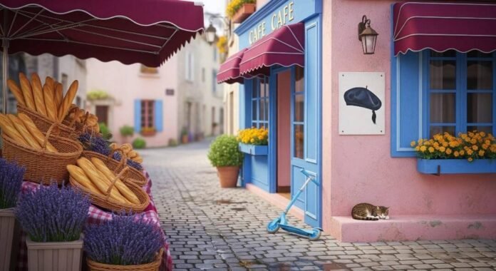 French village street: baguettes, lavender, scooter, cat, painted beret.