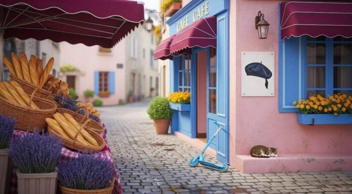 Hidden Family-Friendly Spots in France You’ll Love French village street: baguettes, lavender, scooter, cat, painted beret.