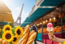 France with Kids: Stress-Free Itinerary Ideas French market with baguettes, sunflowers, ice cream, and Eiffel Tower.