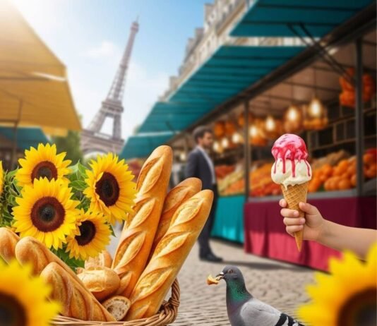 France with Kids: Stress-Free Itinerary Ideas French market with baguettes, sunflowers, ice cream, and Eiffel Tower.