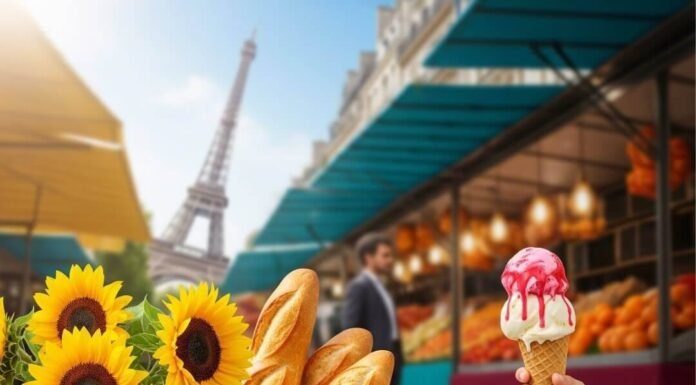 France with Kids: Stress-Free Itinerary Ideas French market with baguettes, sunflowers, ice cream, and Eiffel Tower.