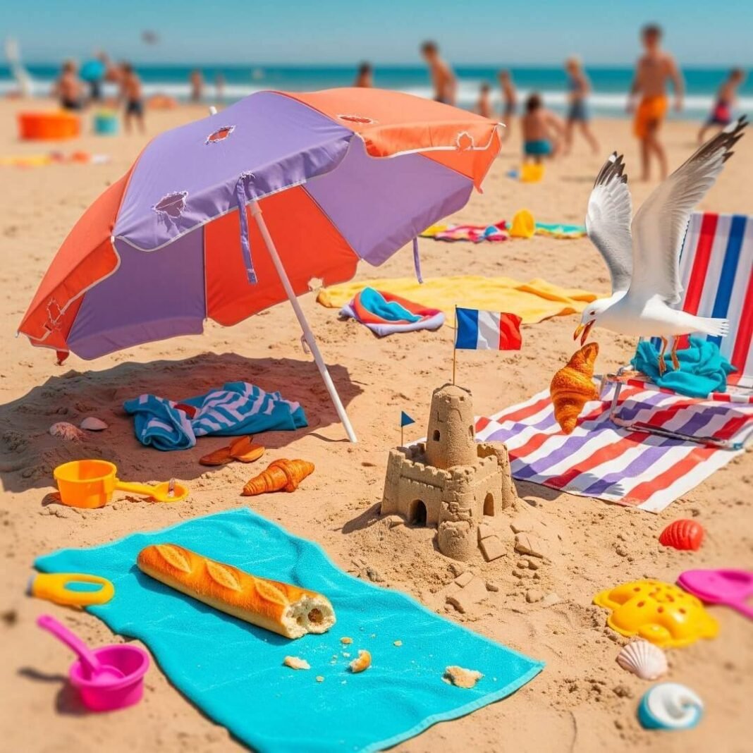 Hectic beach scene with quirky umbrella, baguette, and seagull.