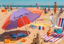 The Best Family-Friendly Beaches & Parks in France Hectic beach scene with quirky umbrella, baguette, and seagull.