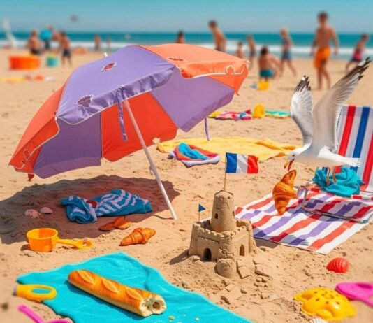 The Best Family-Friendly Beaches & Parks in France Hectic beach scene with quirky umbrella, baguette, and seagull.