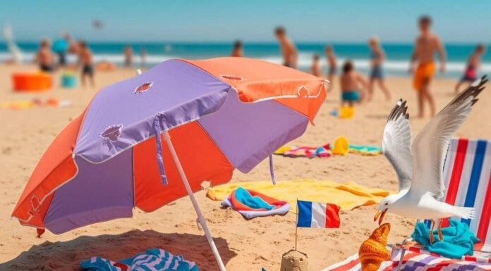 The Best Family-Friendly Beaches & Parks in France Hectic beach scene with quirky umbrella, baguette, and seagull.