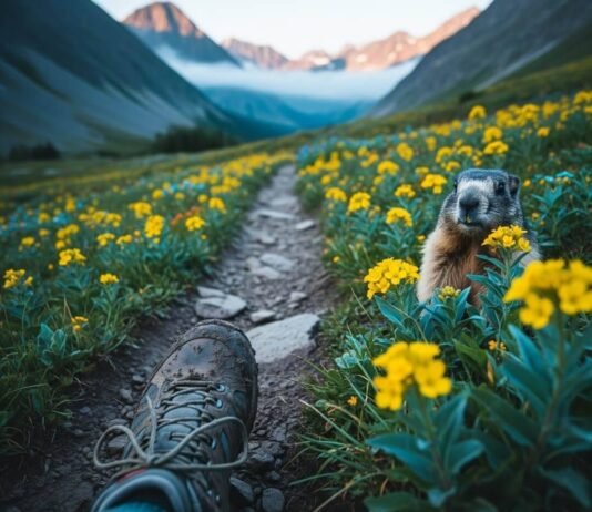 Alps Hiking Trails: 12 Routes for All Levels Muddy boot, trail, wildflowers, marmot, mountains, teal, yellow, gray.