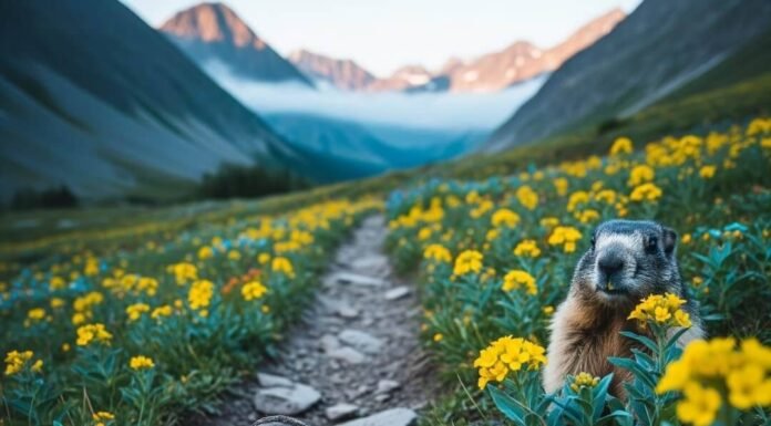 Alps Hiking Trails: 12 Routes for All Levels Muddy boot, trail, wildflowers, marmot, mountains, teal, yellow, gray.
