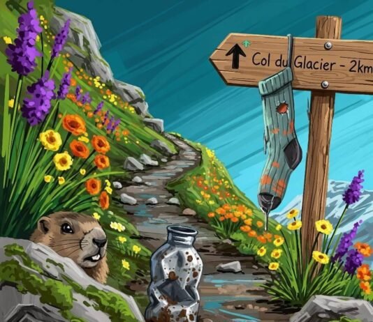 Beginner’s Guide to Hiking the French Alps Impressionistic digital painting of French Alps trail with funny details.