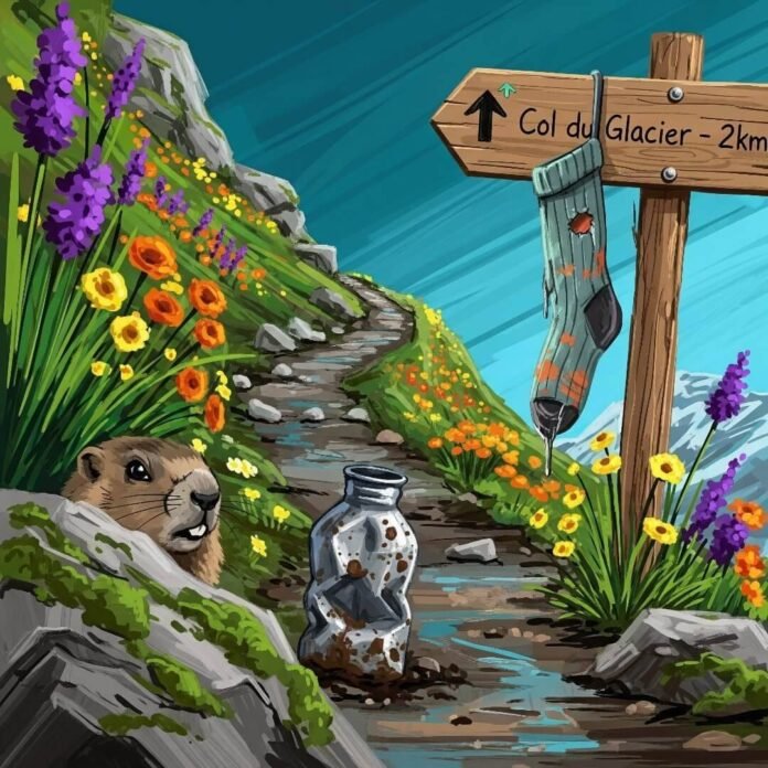 Impressionistic digital painting of French Alps trail with funny details.