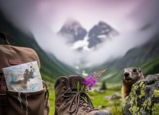Alps Hiking Adventure: What to Pack & Expect A boot with a flower, map, and a marmot.