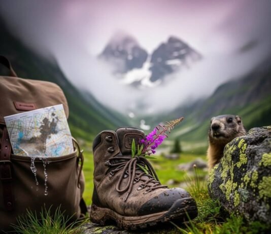 Alps Hiking Adventure: What to Pack & Expect A boot with a flower, map, and a marmot.