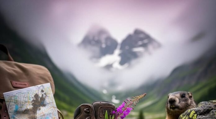 Alps Hiking Adventure: What to Pack & Expect A boot with a flower, map, and a marmot.
