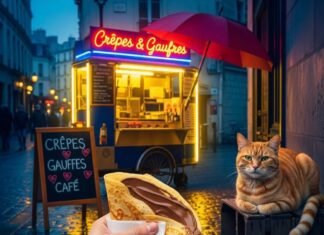 Paris Street Food Tour: Hidden Gems Only Locals Know A hand holds a Nutella crepe next to a cat.